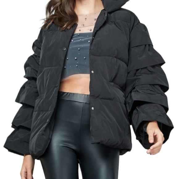 Women's Black Tiered Ruffle Sleeve Puffer Coat NWT - (#0137) - Picture 2 of 2